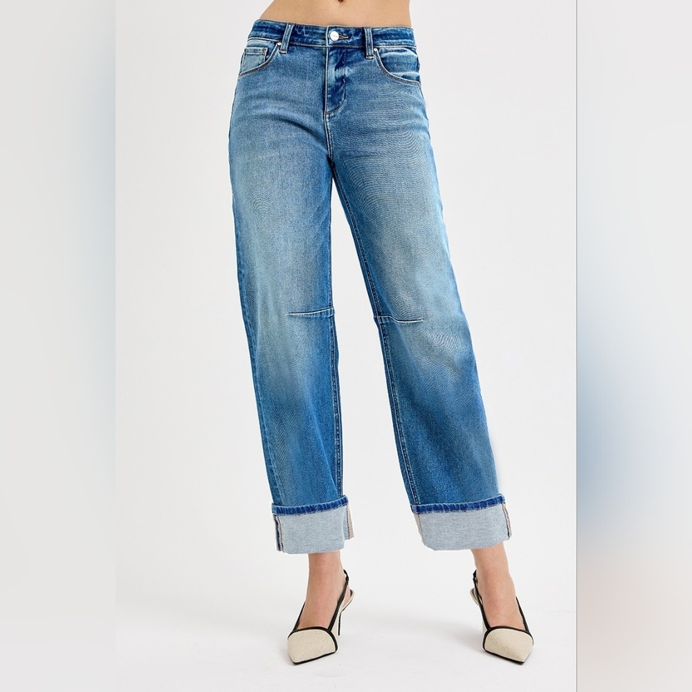 Risen High Rise Medium Wash Slouchy Cuffed Barrel Jeans Relaxed Various NEW - Picture 3 of 5
